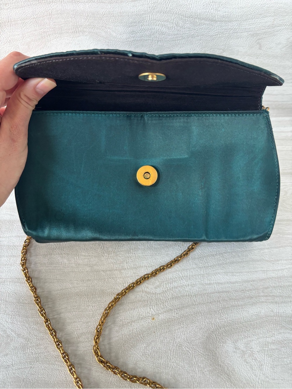 Vintage Teal Satin Evening Clutch Purse Gold Chain Strap Formal Shoulder Bag - Picture 5 of 7